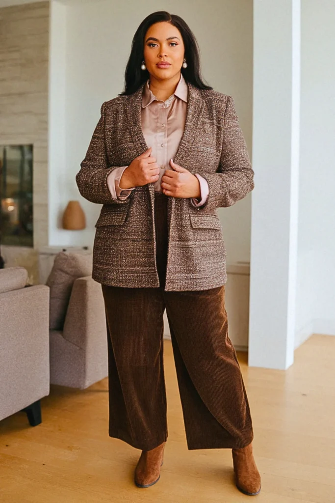 Plus Size Preppy Tweed Blazer and Corduroy Pants Fall Outfit