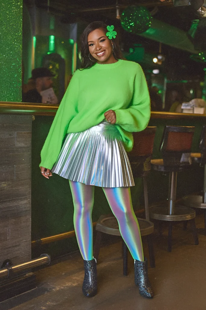 Neon Green Fuzzy Sweater and Metallic Mini Skirt St. Patrick's Day Outfit