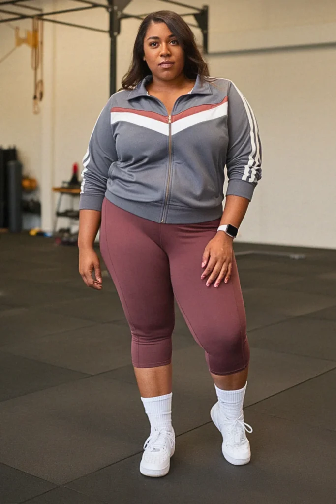 Plus Size Fall Track Jacket and Capri Leggings Athleisure Outfit