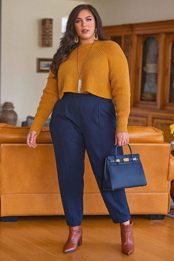 Plus Size Cropped Sweater and High-Waisted Pants Fall Outfit