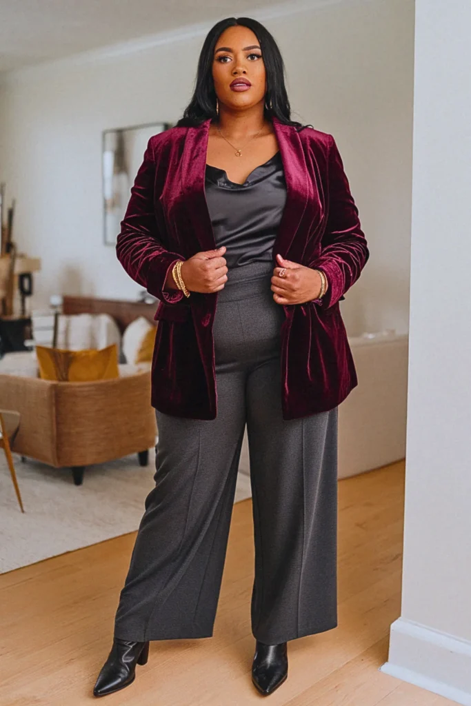 Plus Size Velvet Blazer and Wide-Leg Trousers Fall Outfit