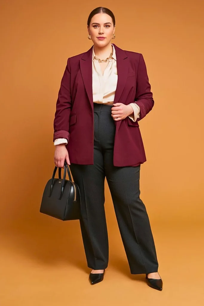 Plus Size Autumn Burgundy Blazer Professional Work Outfit