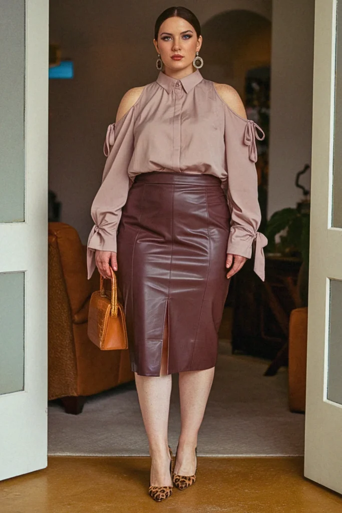 Pleather Pencil Skirt with Cold-Shoulder Blouse Birthday Outfit