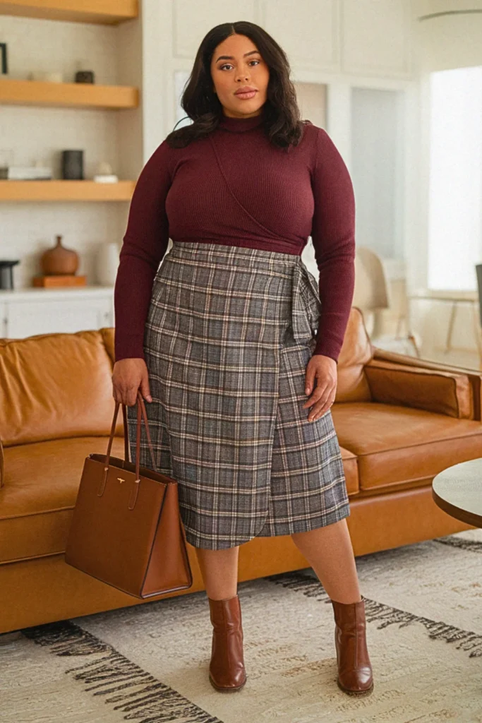 Plus Size Wrap Skirt and Fitted Sweater Dressy Fall Outfit
