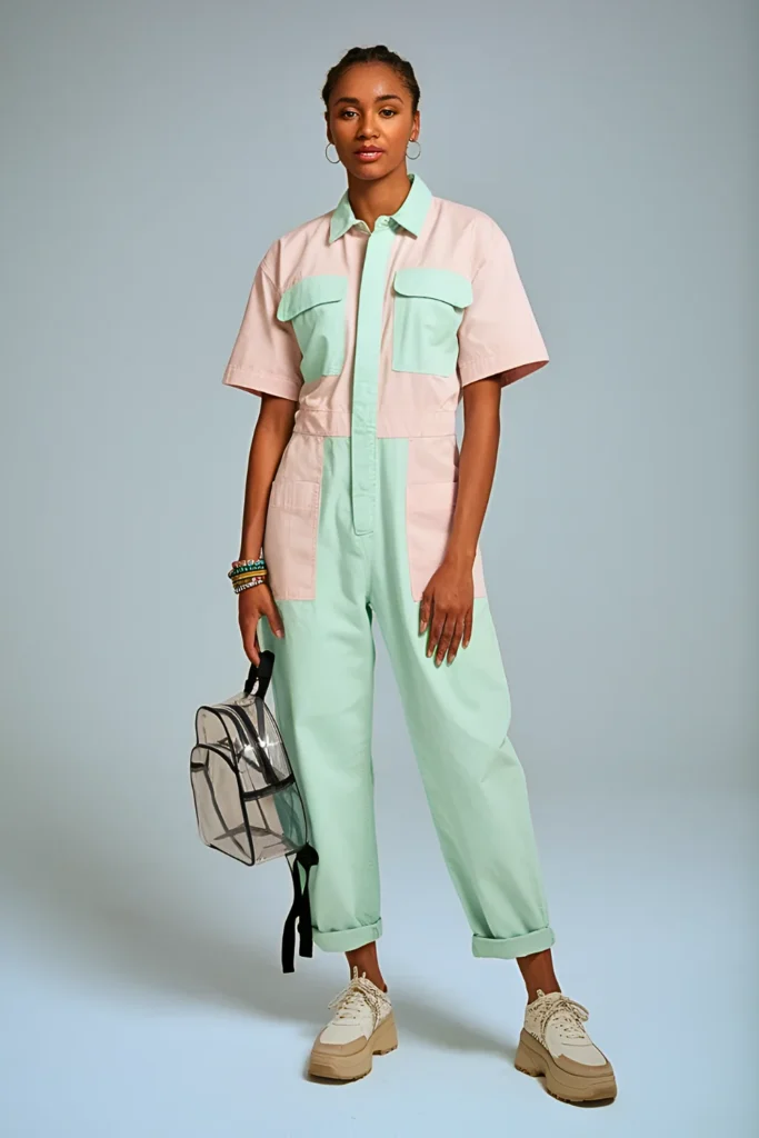 Spring Pastel Color-Block Utility Jumpsuit School Outfit