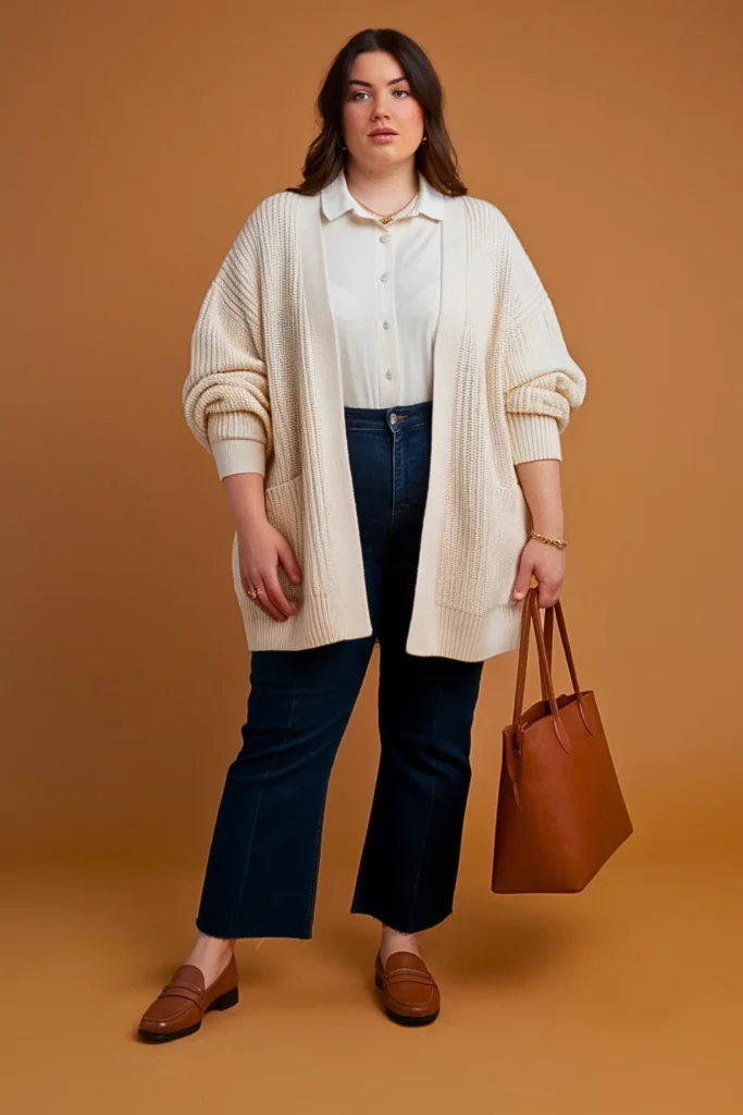 Plus Size Cardigan and Button-Up Layered Autumn Outfit