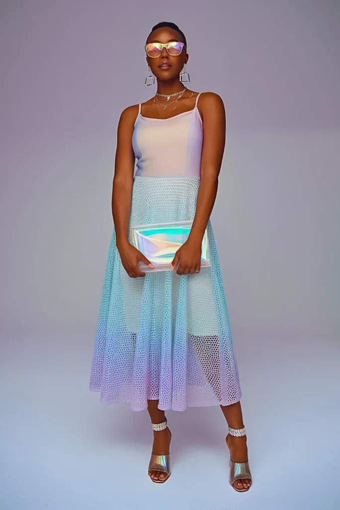 Spring Summer Gradient Mesh Midi Dress Composition