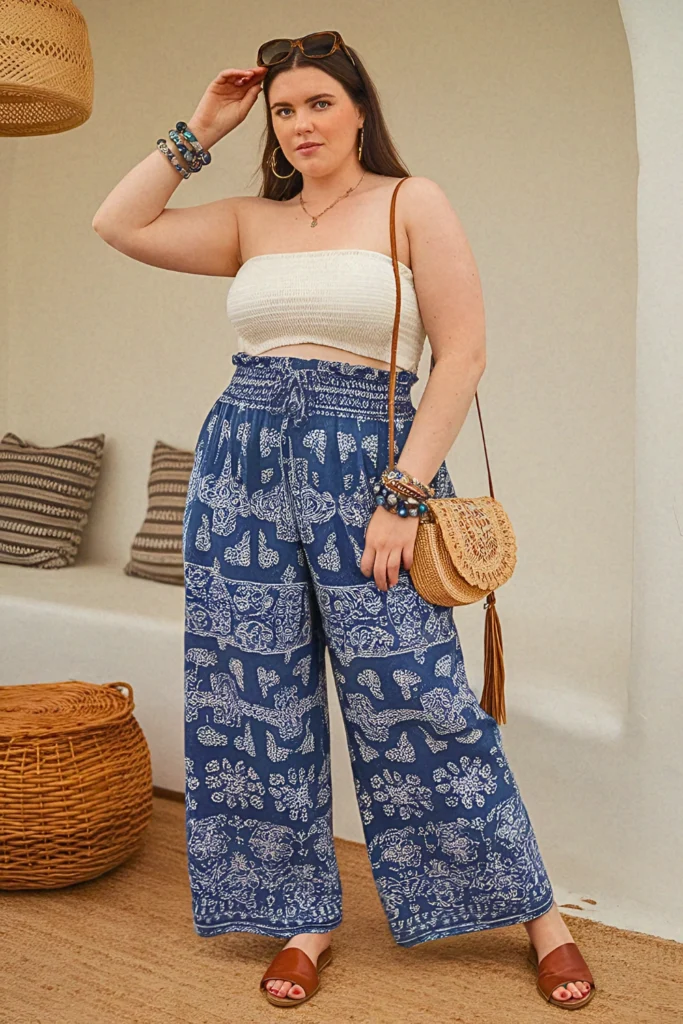 Plus Size Indigo Block Print Paperbag Pants with Smocked Bandeau Boho Outfit