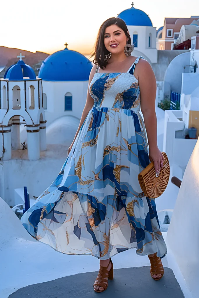 European Smocked Bodice Maxi Dress & Strappy Sandals Spring Outfit