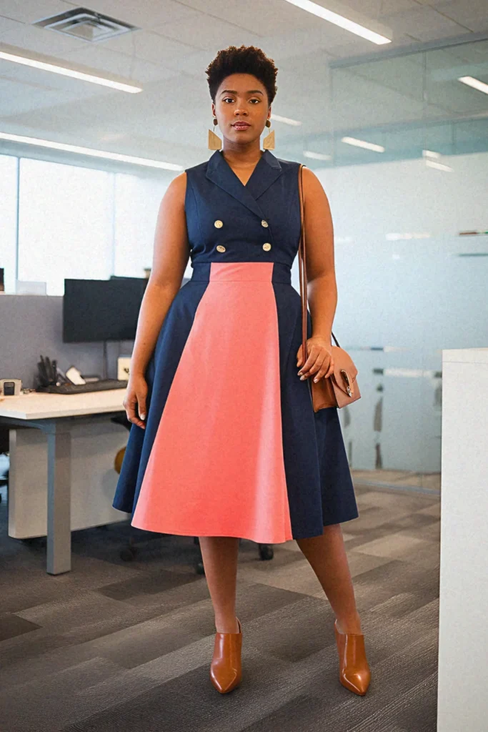 Plus Size Summer Colorblock Midi Vest Dress Office Outfit