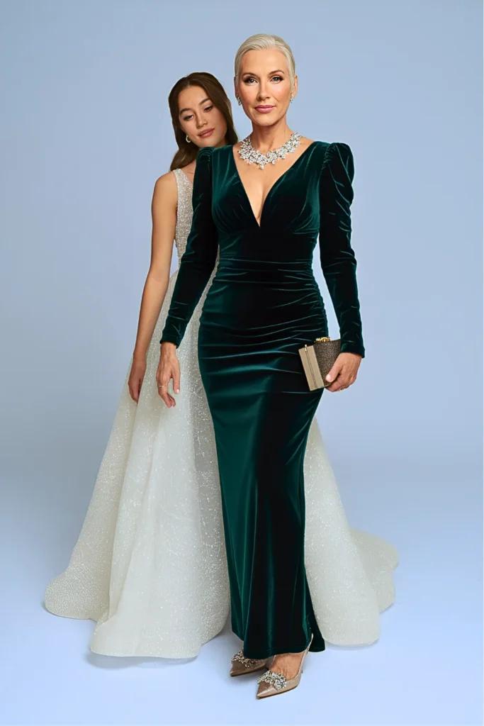 Plus Size Regal Emerald Velvet Long Sleeve Mother of the Bride Dress