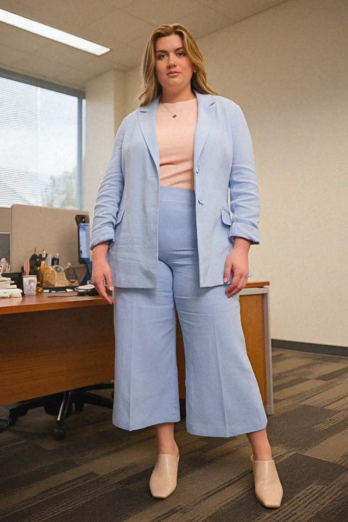 Plus Size Summer Cropped Wide-Leg Linen Suit Office Outfit