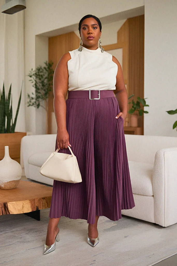 Plus Size Classy Pleated Culottes Summer Outfit