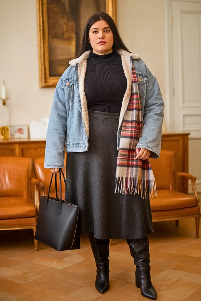 Plus Size Sherpa-Lined Denim Jacket With Midi Skirt Winter Outfit