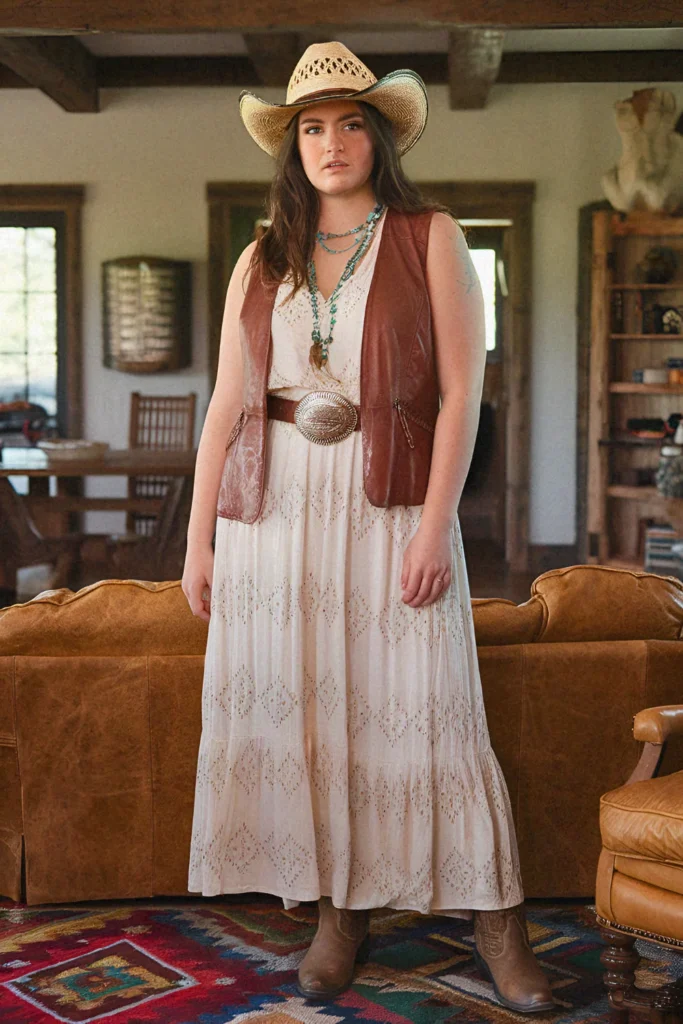 Plus Size Leather Vest with Embroidered Maxi Cowgirl Outfit