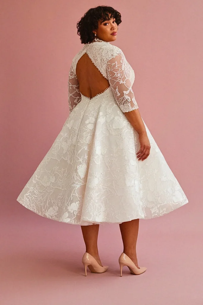 Plus Size Cutout Back Tea Length Wedding Dress