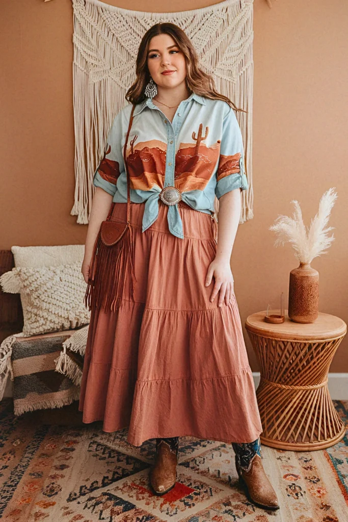 Plus Size Painted Denim Western Shirt with Tiered Prairie Skirt Boho Outfit