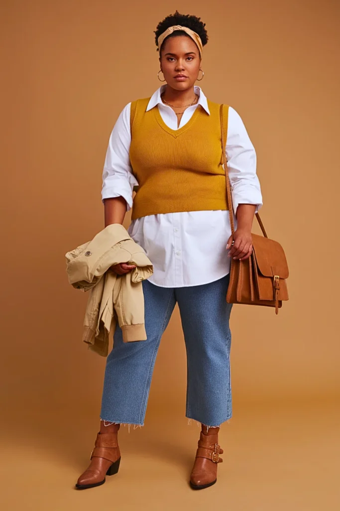 Plus Size Sweater Vest and Button-Down Shirt Autumn Outfit
