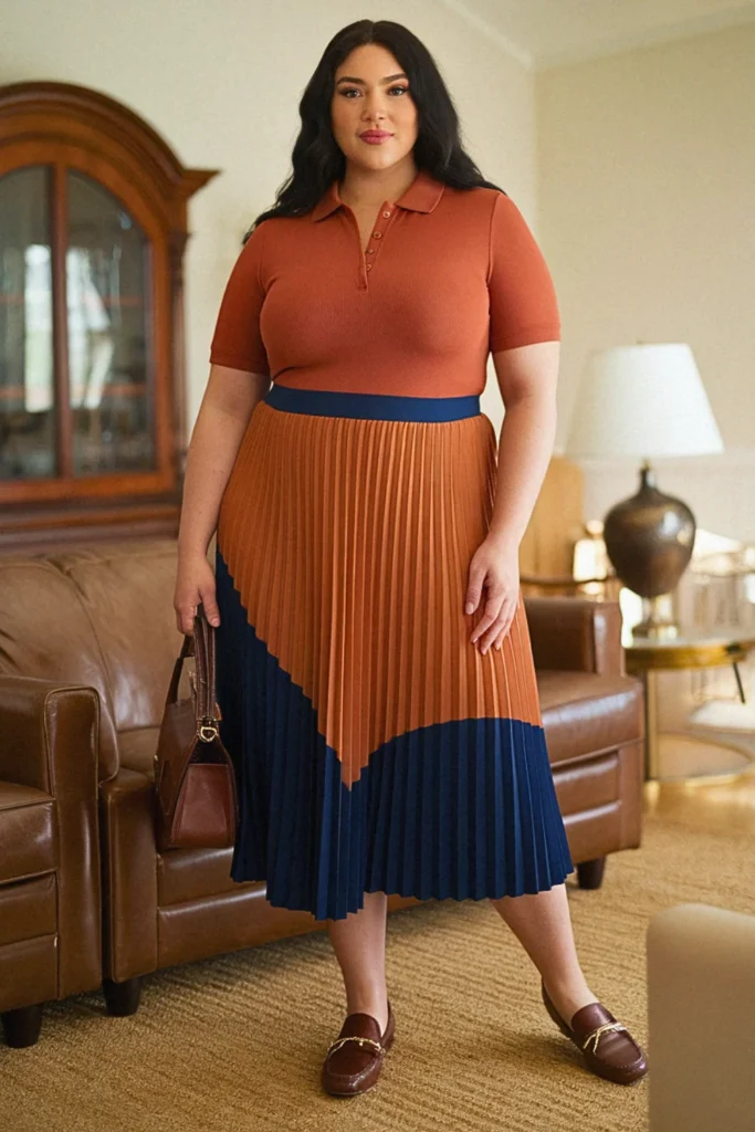 Plus Size Polo Shirt and Pleated Skirt Fall Outfit