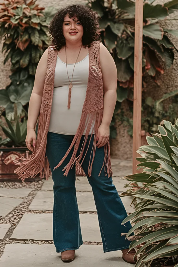 Plus Size Crochet Fringe Vest and Flared Jeans Hippie Spring Outfit