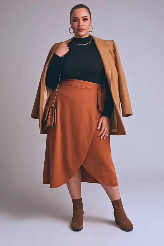 Plus Size Autumn Burnt Orange Wrap Midi Skirt Outfit