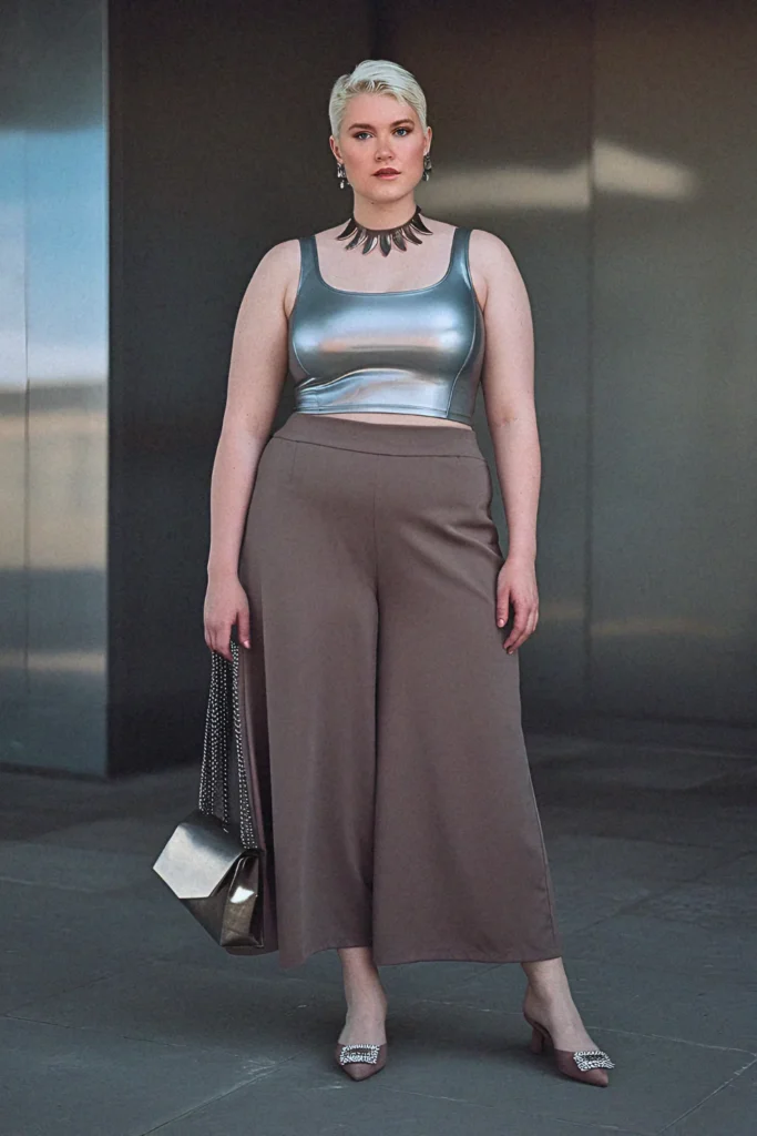 Plus Size Summer Liquid Metal Tank and Wide-Leg Culottes Vegas Outfit