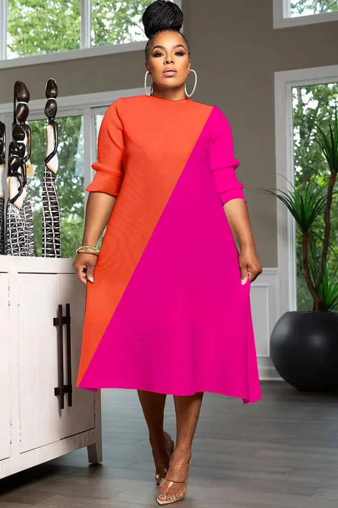 Plus Size Multicolor Colorblock Round Neck Midi Dress