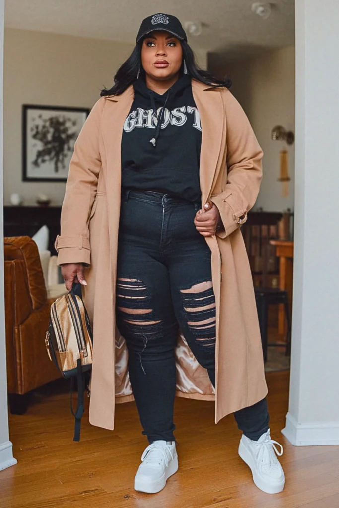 Plus Size Camel Trench Coat Streetwear Fall Outfit