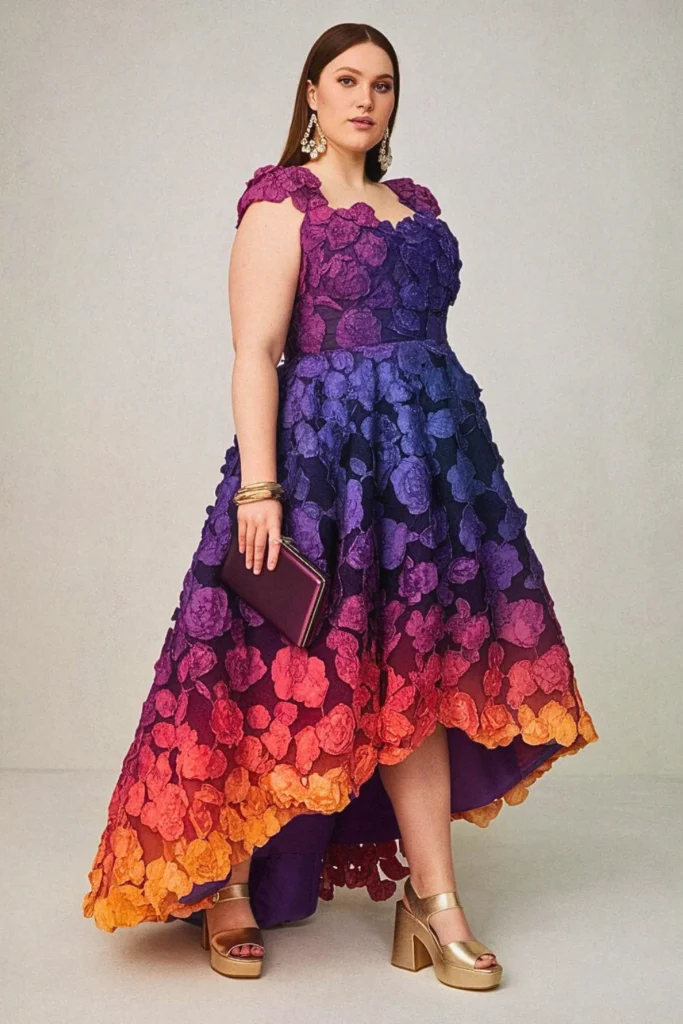 Gradient Sunset Floral Overlay Plus Size Wedding Guest Dress