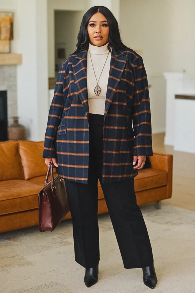 Plus Size Plaid Blazer Contemporary Workwear Fall Outfit