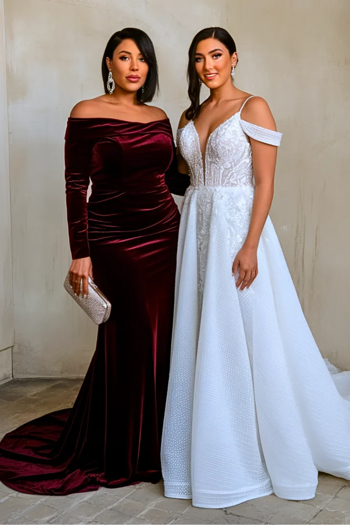 Chic Burgundy Velvet Off-the-Shoulder Mother of the Bride Dress