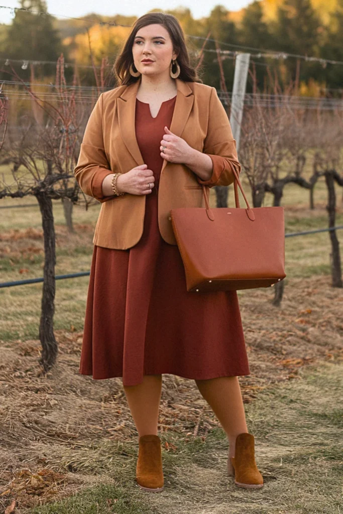 Plus Size Fall Earth Tones Midi Dress Winery Outfit