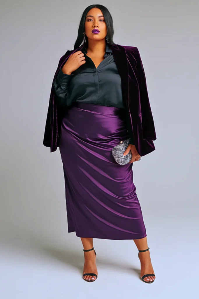 Plus Size Autumn Deep Purple Satin Bias-Cut Skirt Outfit