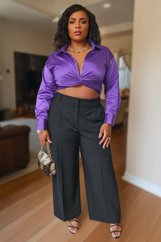 Plus Size Purple Satin Blouse Birthday Fall Outfit