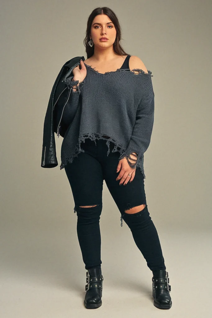Plus Size Fall Distressed Sweater Grunge Outfit