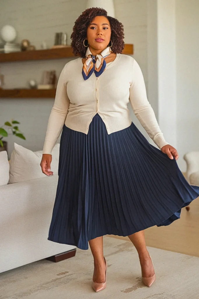 Plus Size Accordion Skirt and Cashmere Cardigan Dressy Fall Outfit