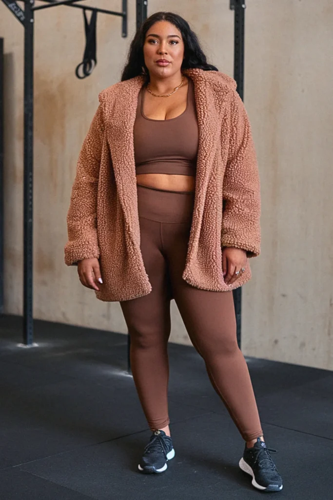 Plus Size Fall Teddy Coat and Athletic Leggings Athleisure Outfit