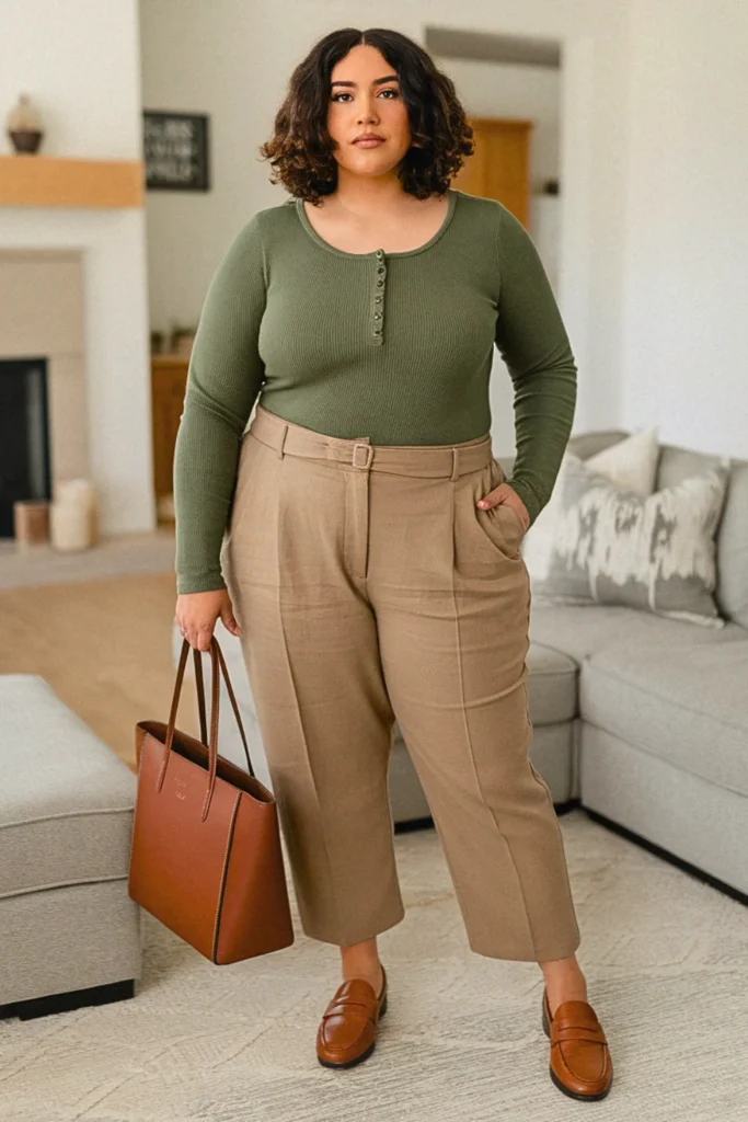 Plus Size Casual Henley Top Business Casual Fall Outfit