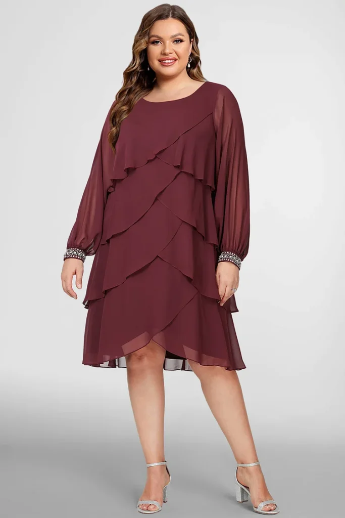 Plus Size Valentine's Burgundy Chiffon Layered Long Sleeve Midi Dress