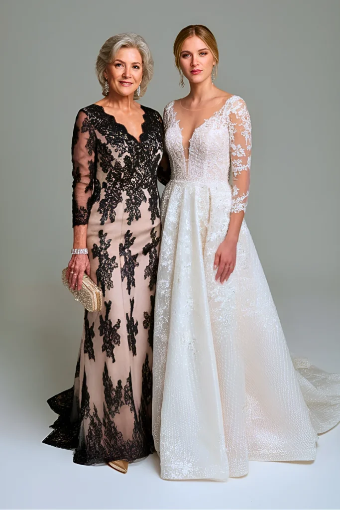 Classic Black Lace Over Champagne Satin Mother of the Bride Gown