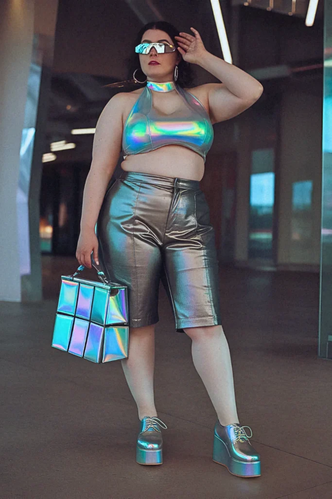 Plus Size Summer Holographic Halter and Bermuda Shorts Vegas Outfit