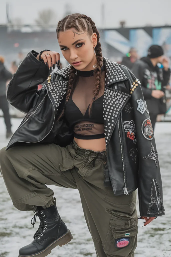 Winter Faux Leather Jacket Outfit For Rave Festivals