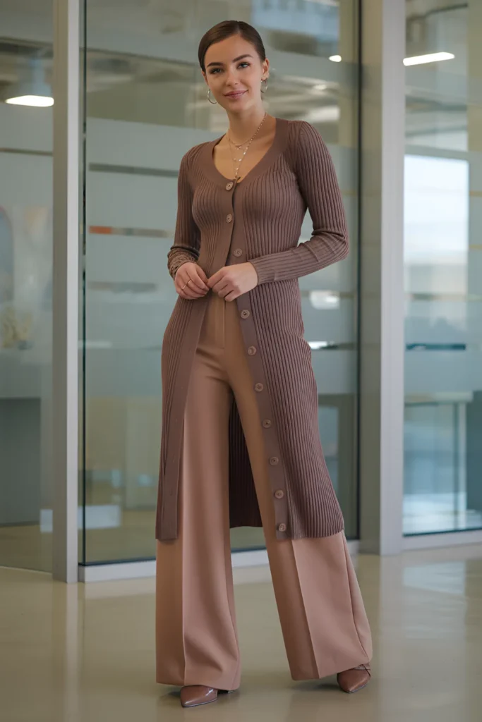 Winter Long Fitted Cardigan Business Casual Outfit