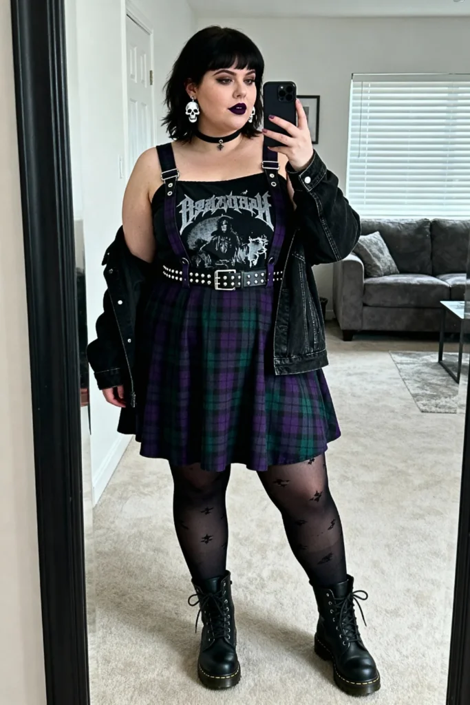 Plus Size Plaid Pinafore Dress Over Band Tee Outfit