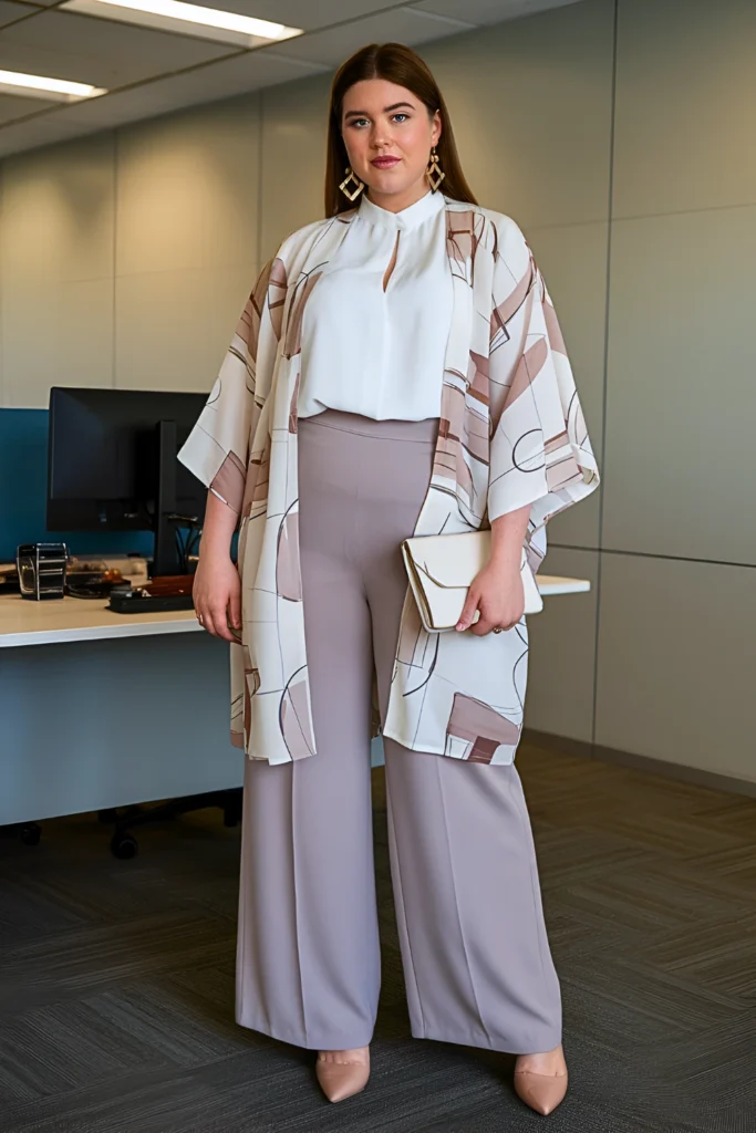 Plus Size Geometric Print Kimono-Style Summer Work Jacket