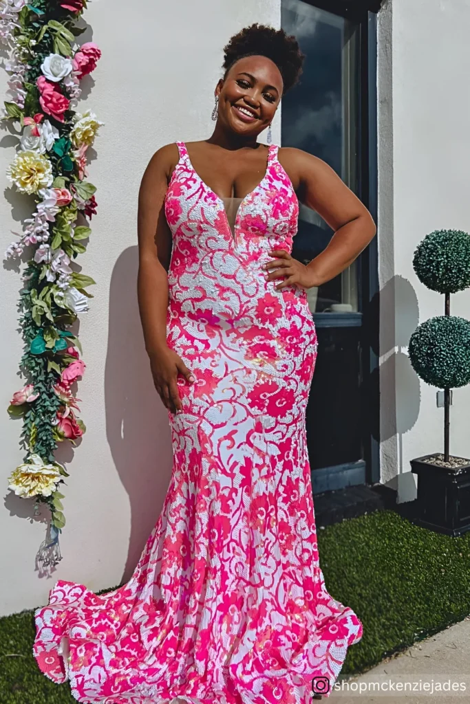 Plus Size Pink and White Floral Lace Mermaid Gown Prom Dress