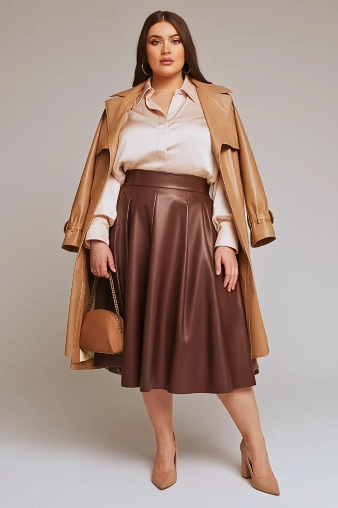 Plus Size Autumn Chocolate Brown Leather A-Line Skirt Outfit