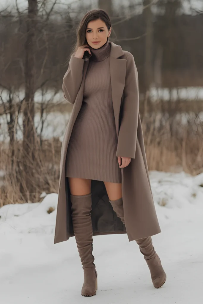 Winter Casual Turtleneck Dress and Over-the-Knee Boots Outfit