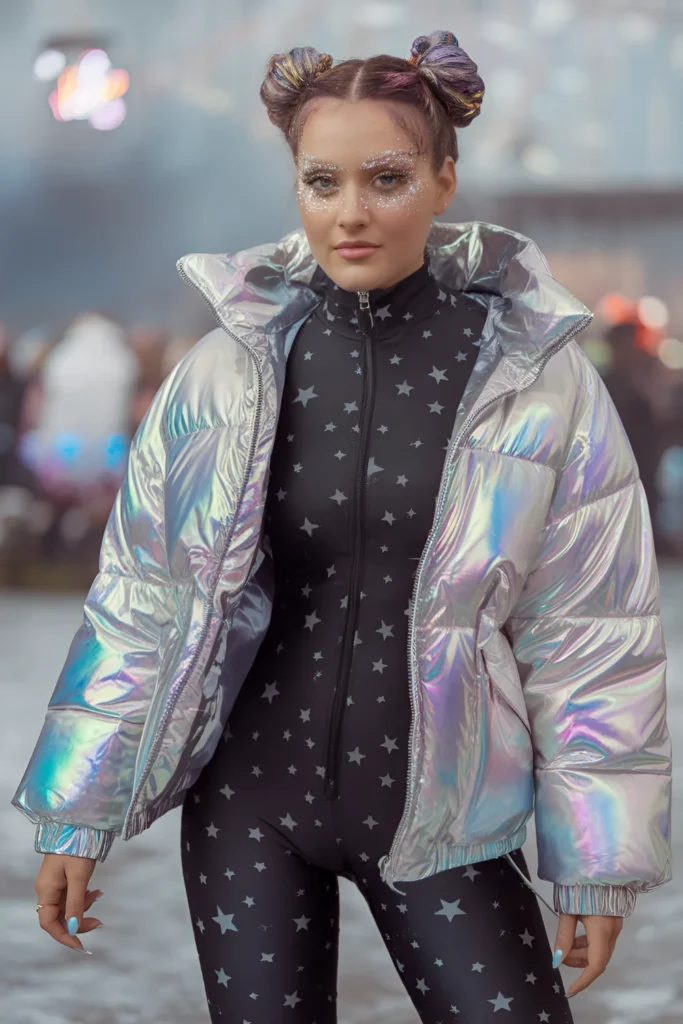 Winter Metallic PufferJacket Outfit For Rave Festivals