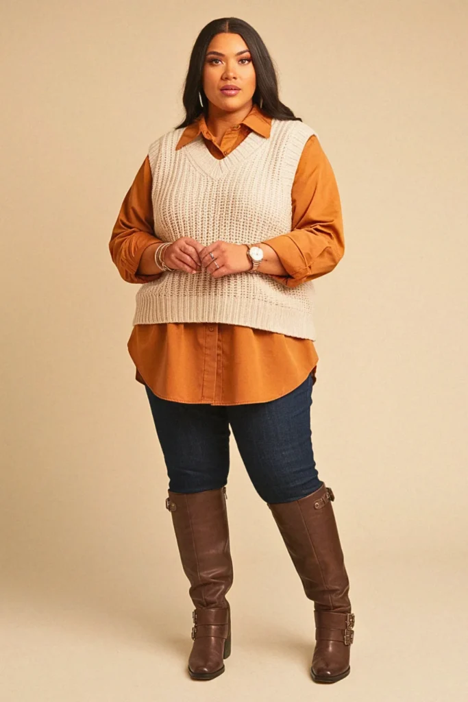 Plus Size Sweater Vest Layered Fall Outfit
